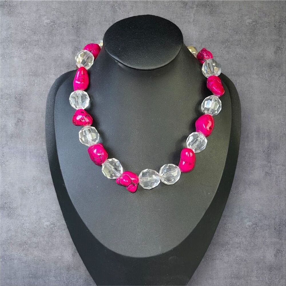 255. Statement Necklace Hotโ Pink & Clear Acrylic Beaded Adjustable